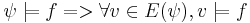 \psi \models f => \forall v \in E(\psi), v \models f 