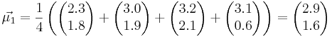  \vec{\mu_1} = \frac{1}{4} \left( \begin{pmatrix} 2.3 \\ 1.8 \end{pmatrix} + \begin{pmatrix} 3.0 \\ 1.9 \end{pmatrix} + \begin{pmatrix} 3.2 \\ 2.1 \end{pmatrix} + \begin{pmatrix} 3.1 \\ 0.6 \end{pmatrix} \right) = \begin{pmatrix} 2.9 \\ 1.6 \end{pmatrix}