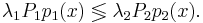  \lambda_{1} P_1 p_1(x) \lessgtr \lambda_{2} P_2 p_2(x).