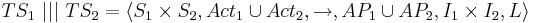 TS_1 ~|||~ TS_2= \langle S_1 \times S_2, Act_1 \cup Act_2, \rightarrow, AP_1 \cup AP_2, I_1 \times I_2, L \rangle