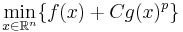 \min_{x \in \mathbb{R}^n} \{ f(x) + C g(x)^p\}