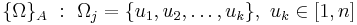 \{\Omega\}_A ~ : ~ \Omega_j = \{u_1, u_2, \dots, u_k\},~ u_k \in [1,n]