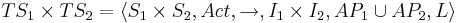 TS_1 \times TS_2 = \langle S_1 \times S_2, Act, \rightarrow, I_1 \times I_2, AP_1 \cup AP_2, L \rangle 