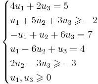 
\begin{cases}
4u_1+2u_3=5 \\
u_1 +5u_2 +3u_3 \geqslant -2 \\
-u_1 +  u_2 + 6u_3=7\\
u_1 -6u_2 + u_3=4 \\
2u_2 - 3u_3 \geqslant -3 \\
u_1, u_3 \geqslant 0 \\
\end{cases}
